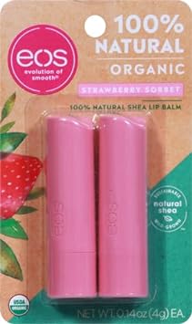 eos 100% Natural & Organic Lip Balm- Strawberry Sorbet, Dermatologist Recommended for Sensitive Skin, All-Day Moisture, 0.14 oz, 2 Pack