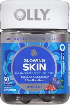 Olly Glowing Skin Gummy, 25 Day Supply (50 Count), Plump Berry, Hyaluronic Acid, Collagen, Sea Buckthorn, Chewable Supplement (Packaging May Vary)