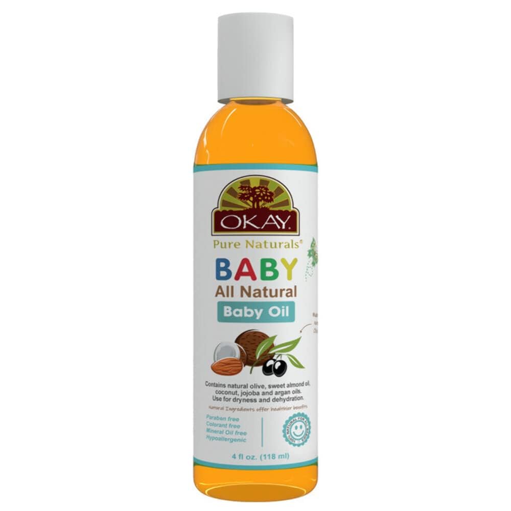 Okay Pure Naturals Baby Oil - Baby Oil For Newborn, Baby Hair & Body Oil For Dry Skin, Scalp, Bath, Shower, With Jojoba, Coconut, Almond & Olive Oil, Unscented, Fragrance Free - 4 Fl Oz (Pack Of 1)