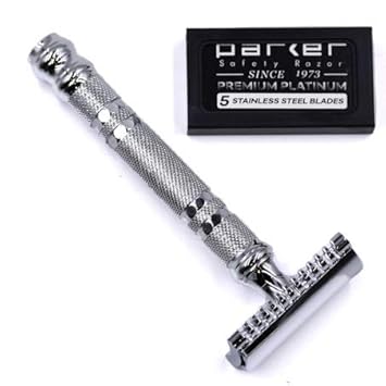Parker Open Comb Double Edge Safety Razor – Heavyweight Chrome Handle For Closer Shaves – Includes 5 Razor Blades – Ideal For Men With Thick Or Coarse Beards (24C-Chrome) : Beauty & Personal Care