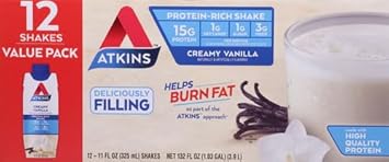 Atkins Creamy Vanilla High Protein Shake, 15G Protein, Low Glycemic, Low Carb And Low Sugar Shakes, Keto Friendly, 12 Vanilla Flavored Protein Shakes