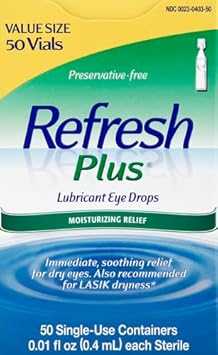 Refresh Plus Lubricant Eye Drops, Preservative-Free, 0.01 Fl Oz Single-Use Containers, 50 Count, Packaging May Vary