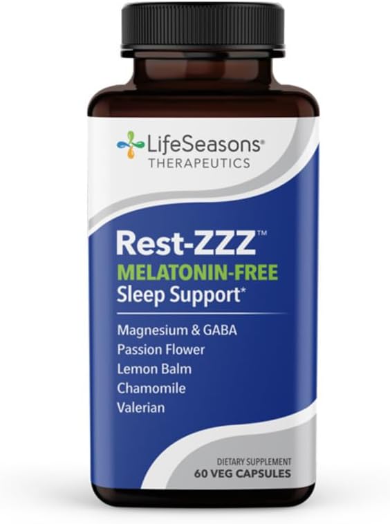 LifeSeasons Rest-ZZZ Melatonin Free - Sleep Support Supplement - Fall Asleep & Stay Asleep - Calms Nervous System - Naturally Ease Muscle Tension & Restlessness - GABA & Chamomile - 60 Capsules