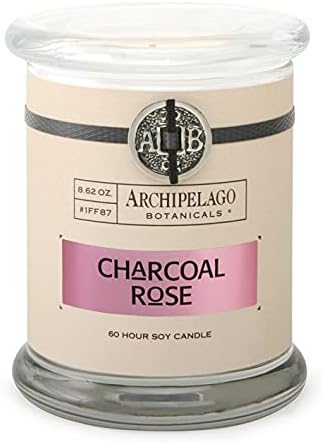 Archipelago Botanicals Soy Candle Hand-Poured Premium Wax, Scented Candle for Home, Burns Approx. 60 Hours, Charcoal Rose, Glass Candle Jar, 4.5 Inch, 8.6oz