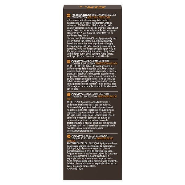 Piz Buin Allergy Face Cream Spf 50+ Very High 40Ml