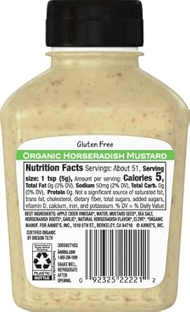 Annie'S Organic Horseradish Mustard, Gluten Free, 9 Oz