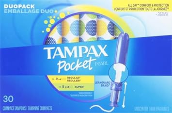 Tampax Pocket Pearl Plastic Tampons, Duopack (Regular/Super Absorbency), Unscented, 30 Count (Packaging May Vary)