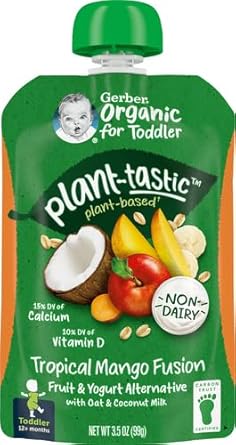 Gerber Organic Baby Food Pouches, Toddler, Plant-Tastic, Tropical Mango Fusion, Fruit & Yogurt Alternative With Oat & Coconut Milk, Non-Dairy, 3.5 Oz (Pack Of 2)
