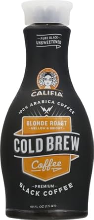 Califia Farms - Pure Black Blonde Roast Cold Brew Coffee, 48 Oz, 100% Arabica, Plant Based, Vegan, Gluten Free, Non Gmo, Sugar Free, Iced Coffee