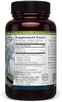 Amazing Herbs Premium Black Seed Oil Capsules - 1250mg per Capsule, Hi