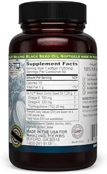 Amazing Herbs Premium Black Seed Oil Capsules - High Potency, Cold Pressed Nigella Sativa Aids In Digestive Health, Immune Support & Brain Function - 60 Count, 1250Mg