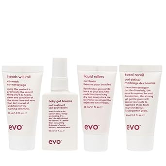 Evo Coily Hair Care Routine Travel Bundle: Heads Will Roll Cleansing Conditioner, Baby Got Bounce Curl Treatment, Liquid Rollers Curl Balm, Total Recoil Curl Definer