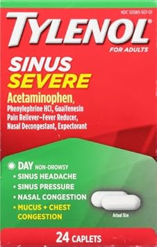 Tylenol Sinus Severe Daytime Cold & Flu Relief Medicine Caplets, Non-Drowsy Pain Reliever, Fever Reducer Expectorant & Decongestant, Acetaminophen, Guaifenesin & Phenylephrine Hcl, 24 Ct