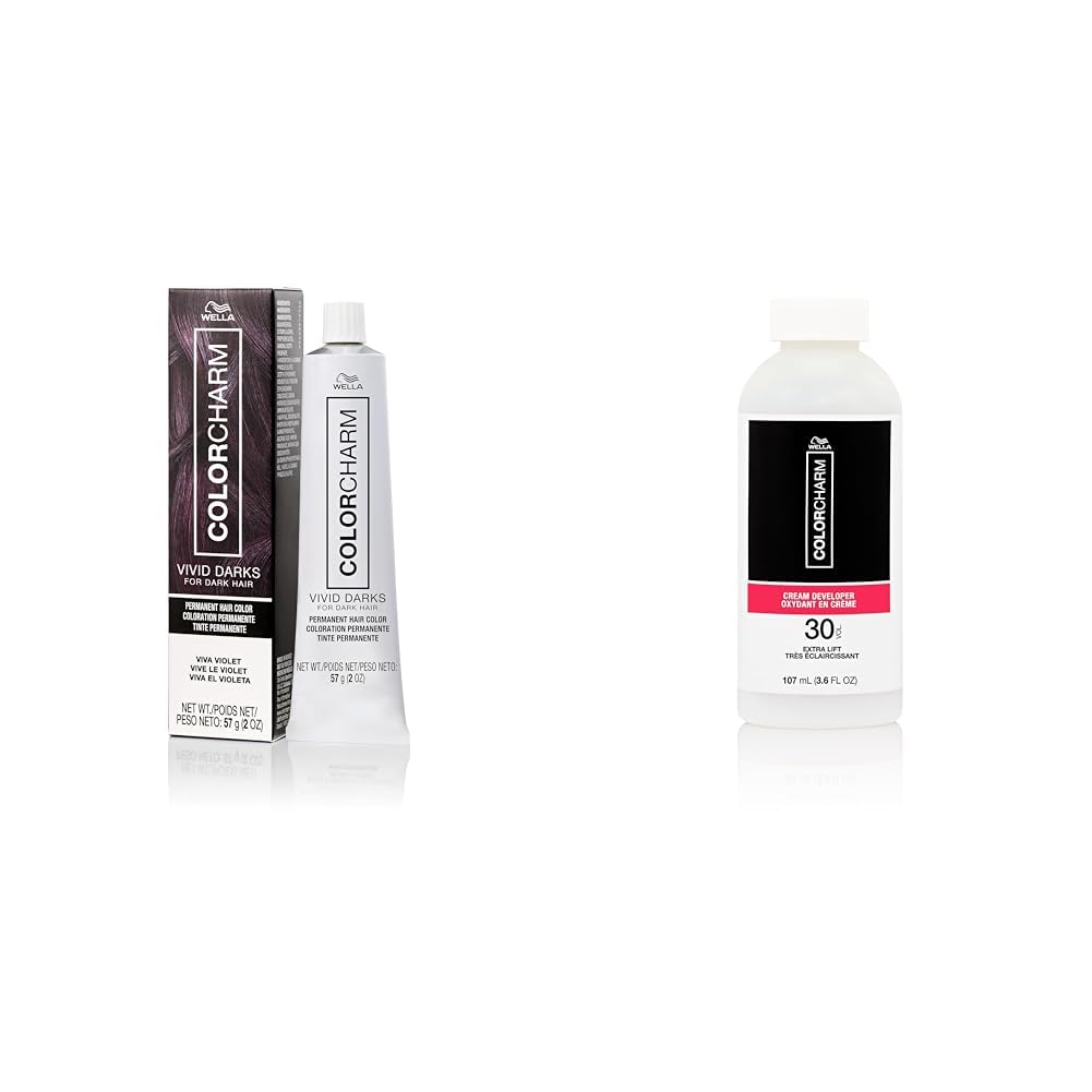 Wella Colorcharm Vivid Darks Permanent Cream Color, Vibrant Color For Dark Hair, Nourishing Vegan Formula, No Bleach Needed, Viva Violet + 30 Vol. Cream Developer Bundle