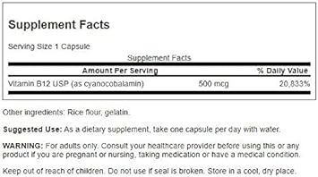 Swanson Vitamin B12 (Cyanocobalamin) - Vitamin Supplement Promoting Energy Metabolism, Nervous System Health & Heart Support - Supports Red Blood Cell Formation (250 Capsules, 500mcg Each)