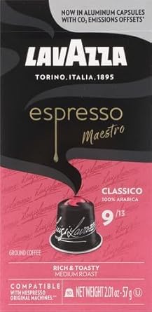 Lavazza Espresso Maestro Classico Medium Roast Coffee Aluminum Capsules Compatible With Nespresso Original Machines, Espresso, 100% Arabica, Notes Of Grains And Biscotti.(10 Pack) (Packaging May Vary)