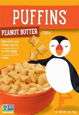 Barbara's Peanut Butter Puffins Cereal, Puffed Kids Cereal, Peanut Butter Cereal Made With Real Peanut Butter, Vegan, Kosher, Non-GMO Project Verified, 11 OZ Box
