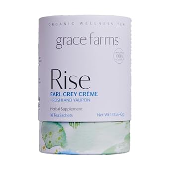 Grace Farms Rise Wellness Organic Tea Blend (16 Pyramid Sachets) | Morning Energy & Focus | Earl Grey Crème With Adaptogenic Mushrooms And Ashwagandha | Fairtrade And Kosher | Gives Back 100% Of Profits