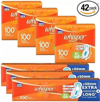 Whisper Choice Extra Long Ultra 100% stain protection (42 Pads) Sanitary Pad : Health & Household