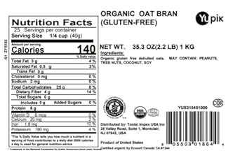 Yupik Organic Gluten Free Oat Bran, 2.2 lbs, Breakfast Cereal Topping, High Fiber, Vegan, GMO-Free, Vegetarian, Keto, Gluten-Free, Brown