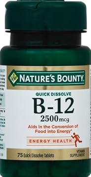 Nature'S Bounty Vitamin B12 2500 Mcg, Cellular Energy Support, For Energy Metabolism, Heart & Nervous System Health, 75 Quick Dissolve Tablets