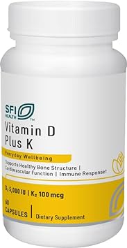 Klaire Labs Vitamin D Plus K - 5000 IU Vitamin D3 with Vitamin K2 MK-7, Bioavailable Formula - Bone, Cardiovascular & Immune Support Supplement (60 Capsules)