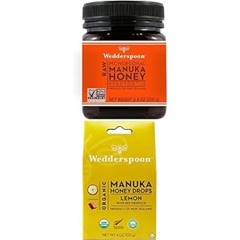 Wedderspoon Raw Premium Manuka Honey Kfactor 16 (8.8 Oz, Pack Of 1) And Manuka Honey Drops Lemon & Bee Propolis (20 Count, Pack Of 1) - Genuine New Zealand Honey, Perfect Remedy For Dry Throats