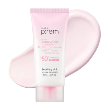 Make P:Rem Soothing Pink Tone Up Sun Cream, Mineral Sunscreen For Dehydrated Skin, Lightweight, Non-Greasy Formula, Skin Tone Correction, Korean Sunscreen, Spf 50, 1.69 Fl. Oz. 50Ml