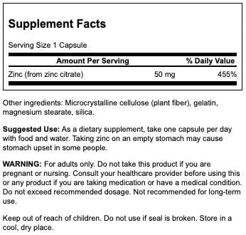 Swanson Zinc Citrate Immune Support Prostate Health 50 Milligrams 60 Capsules