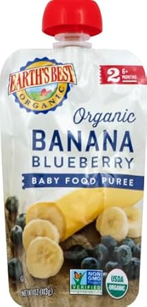 Earth'S Best Organic Baby Food Pouches, Stage 2 Fruit Puree For Babies 6 Months And Older, Organic Banana And Blueberry Puree, 4 Oz Resealable Pouch (Pack Of 3)