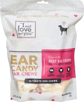 I and love and you Ear Candy Cow Ear Chews - Beef - Rawhide Alternative, Single Ingredient, Free Range Grass Fed Beef, 5ct