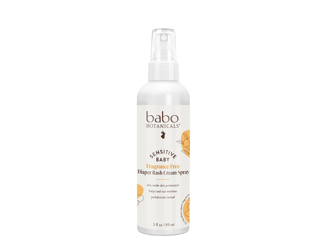 Babo Botanicals Sensitive Baby Fragrance-Free Diaper Rash Cream Spray - No Touch, Mess-Free Application - 14.9% Zinc Oxide - Shea Butter, Olive Oil & Aloe Vera - For Babies – 3Fl.Oz