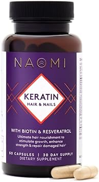 NAOMI Keratin Vegan Hair Growth Supplement for Women, Biotin (Vitamin B) & Zinc, Soluble Keratin, Strong Hair & Nails Vitamins, Added Resveratrol for Healthy Aging, 60 Capsules