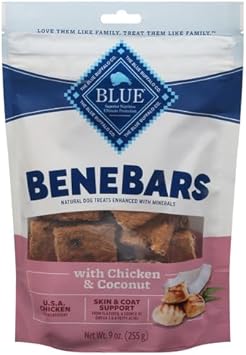 Blue Buffalo Benebars Skin & Coat Support Dog Treats With Omega 3 & 6 Fatty Acids, Made With Natural Ingredients, Usa Chicken & Coconut, 9-Oz. Bag