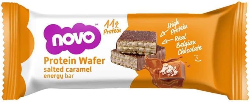 Novo Nutrition | Protein Wafer Bar | Pack Of 12 X 40G | Salted Caramel Flavour | Healthy Crispy Wafer Snack With High Protein And Real Belgian White Chocolate | Suitable For Vegetarians