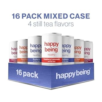 Happy Being Nutrient Rich Organic White Tea Sampler Pack –: Blueberry, Blackberry Citrus, Raspberry Lemonade, Peach Rose -Infused With Turmeric,Elderberry, Vitamin D3, |16 Cans(4 Flavors)