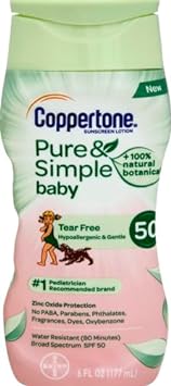 Coppertone Pure and Simple Baby Sunscreen SPF 50 Lotion, Zinc Oxide Mineral Sunscreen for Babies, Tear Free, Water Resistant, Broad Spectrum SPF 50 Sunscreen, 6 Fl Oz Bottle