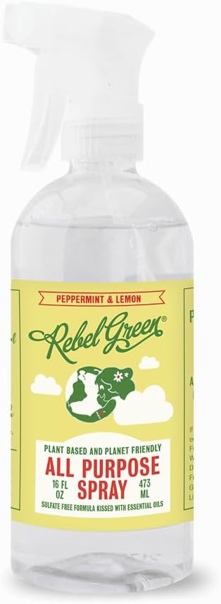 Rebel Green Natural All-Purpose Cleaning Spray - Essential Oil Multi-Surface Cleaner - Kid Safe, Pet Safe & Sustainable Cleaning Products - Peppermint & Lemon Scent - (16 Ounce Bottles, 1 Pack)