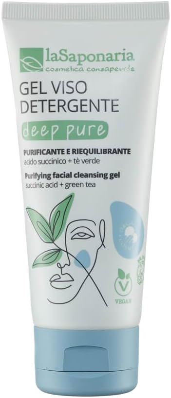La Saponaria Deep Pure Facial Cleansing Gel, Purifying, Oily, Combination Skin, Acne, Green Tea, Tea Tree Oil, Succinic Acid, Natural, Vegan, Cruelty-Free, Sustainable Packaging, Organic, 100Ml