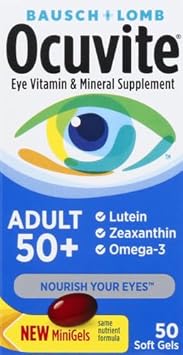 Ocuvite Eye Vitamin & Mineral Supplement, Contains Zinc, Vitamins C, E, Omega 3, Lutein, & Zeaxanthin, Bausch & Lomb Ocuvite Adult 50+ Eye Vitamin & Mineral Softgels, 50 Count (Packaging May Vary)