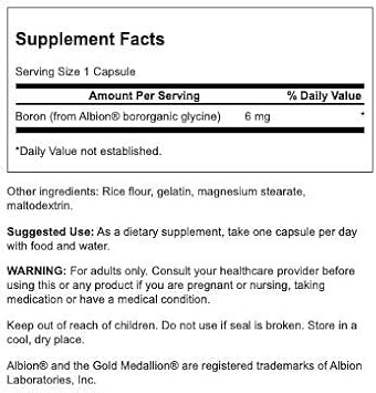 Swanson Boron From Albion - Boroganic Glycine Supplement Supporting Joint Health '&' Bone Health - High Absorption Formula May Support Overall Balance - (60 Capsules, 6Mg Each)