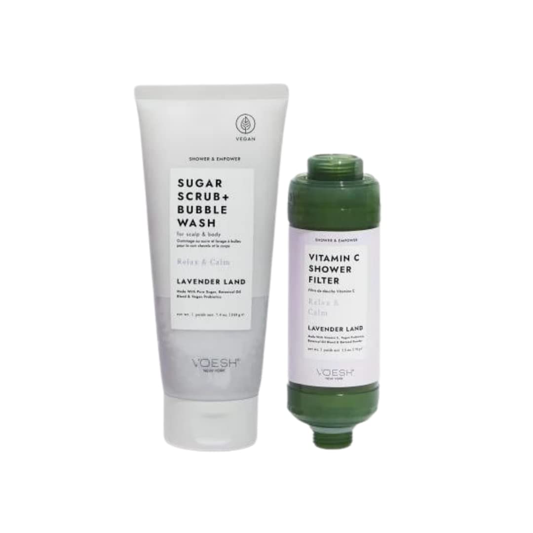 Voesh Shower & Empower Duo, Vitamin C Shower Filter, Exfoliating Sugar Scrub, Body Wash, Clean Shower Care Set, Vegan Skincare, Spa Gift, Clean Beauty