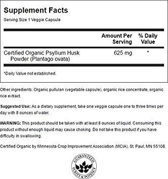 Swanson Made With Certified Organic Psyllium Husk 625 Milligrams 60 Veg Capsules