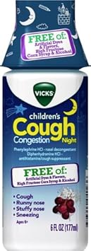 Vicks Children'S Nighttime Cough & Congestion Relief, Free Of: Artificial Dyes & Flavors, High Fructose Corn Syrup & Alcohol, Grape Flavor, For Children Ages 6+, 6 Fl Oz