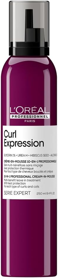 L'Oréal Professionnel Hair Mousse, With Heat Protection, For Curly & Coily Hair, 10-In-1 Multi-Benefit, With Glycerin, Urea H And Hibiscus Seed Extract, Serie Expert Curl Expression, 250 Ml