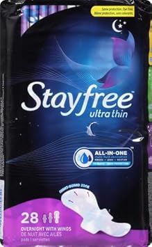 Stayfree Ultra Thin Overnight Pads With Wings, For Women, Reliable Protection And Absorbency Of Feminine Moisture, Leaks And Periods, 28 Count