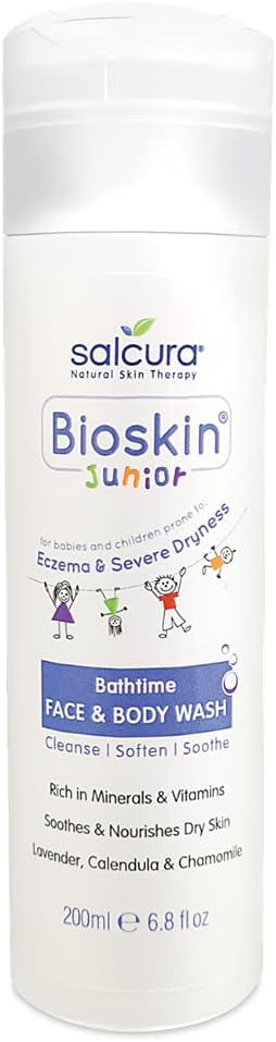 Salcura Natural Skin Therapy, Bioskin Junior Face & Body Wash, Low-Foamy Wash Will Hydrate, Nourish & Support The Severely Dry Skin When Showering Or Bathing, Lavender & Calendula 200Ml