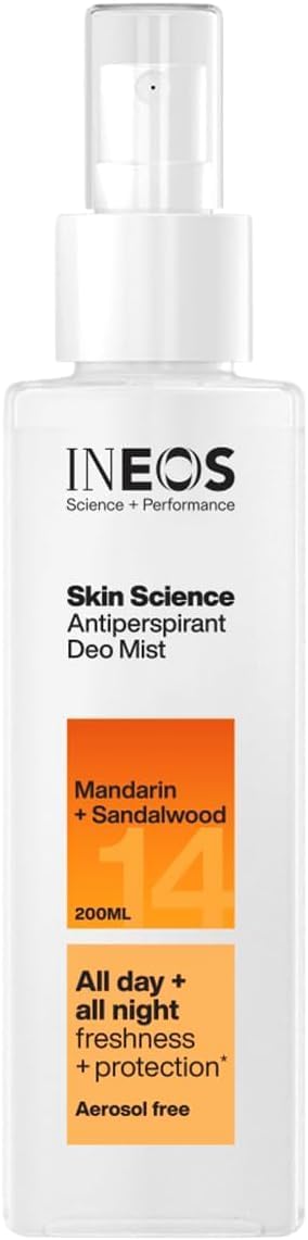 Ineos Skin Science, All Day + Night 24H Freshness + Protection Antipersprirant Deodorant Mist Spray Mandarin + Sandalwood, Aerosol Free + Lasts 10X Longer Than Ordinary Antiperspirant, Plant Powered