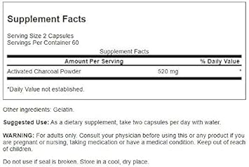 Swanson Activated Charcoal - Natural Supplement Supporting Healthy Absorption - Helps w/Bloating & Maintaining Bowel Regularity - (120 Capsules, 520mg per Serving)