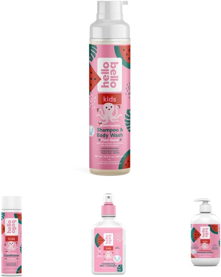 Hello Bello Watermelon Essentials Bundle | Shampoo & Body Wash, Conditioner, Conditioning Detangler & Lotion | Hypoallergenic, Dermatologist & Pediatrician Tested for Babies and Kids : Baby